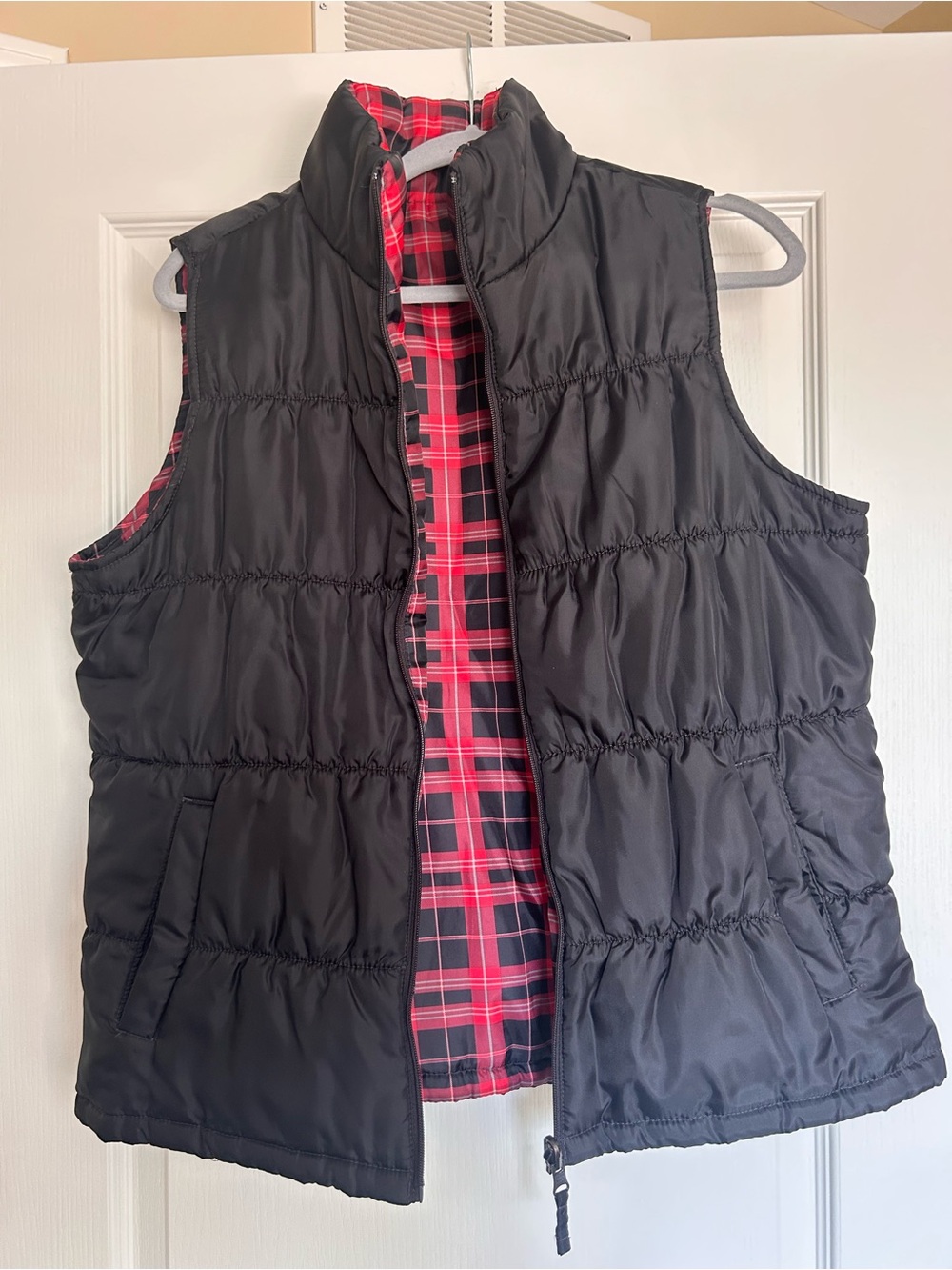 Merona Black Puffer Vest with Red Plaid Lining - Reversible
